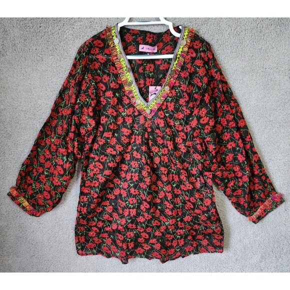 NEW Dolly's D-Lite Custom Long Sleeve V Neck Micro Mini Dress Floral Fringe Sz M - Picture 2 of 16